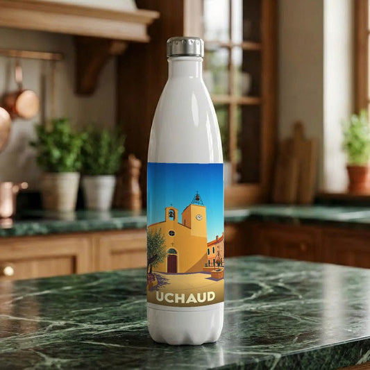 Gourde souvenir de la ville d'Uchaud avec une illustration stylisée de son église.