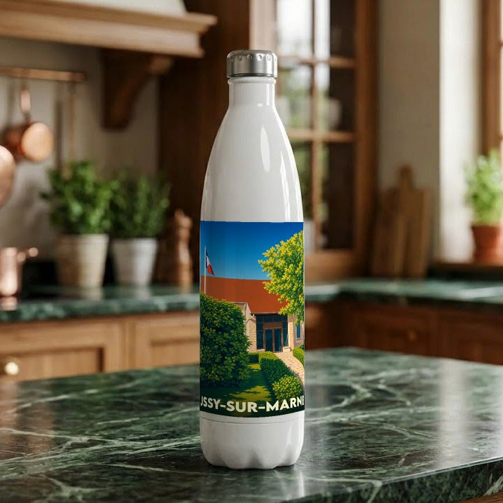 Gourde blanche souvenir de la ville de Ussy-sur-Marne avec une illustration stylisée d'un paysage local.