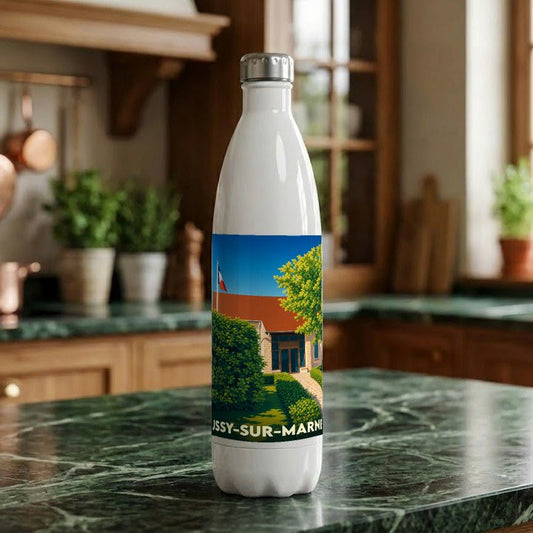 Gourde blanche souvenir de la ville de Ussy-sur-Marne avec une illustration stylisée d'un paysage local.