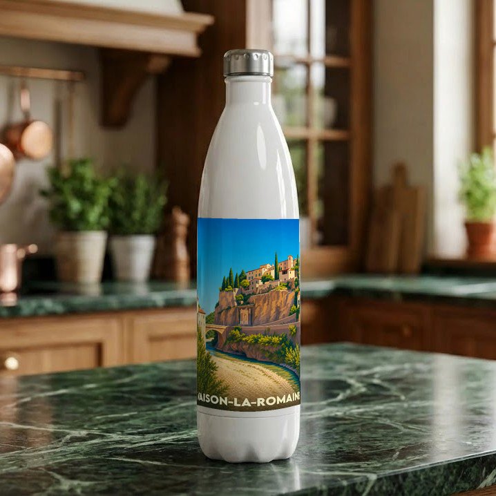 Gourde souvenir de la ville de Vaison-la-Romaine avec une illustration stylisée d'un paysage provençal.