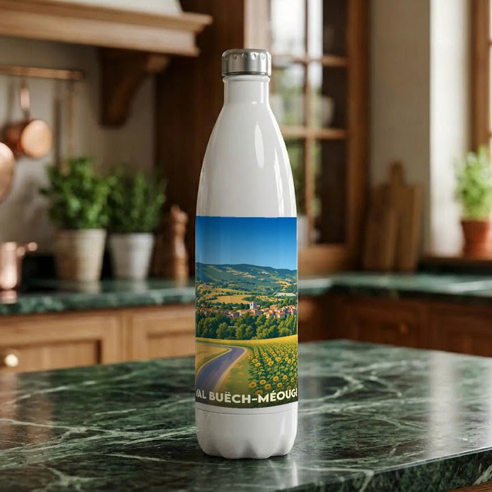 Gourde souvenir de la ville de Val Buëch-Méouge avec une illustration stylisée de paysages provençaux.