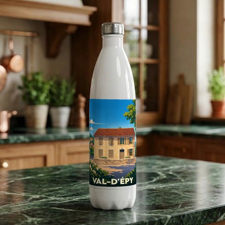 Gourde blanche souvenir de la ville de Val-d'Épy avec une illustration stylisée d'une maison traditionnelle.