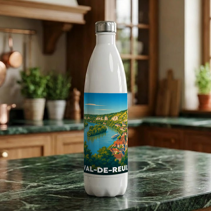 Gourde souvenir de la ville de Val-de-Reuil avec une illustration stylisée.