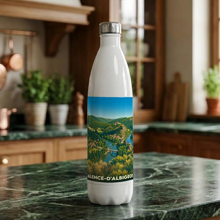 Gourde blanche souvenir de la ville de Valence-d'Albigeois avec une illustration de paysage vallonné.