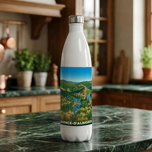 Gourde blanche souvenir de la ville de Valence-d'Albigeois avec une illustration de paysage vallonné.