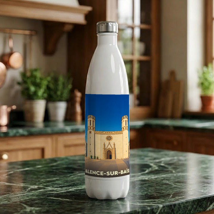 Gourde souvenir blanche avec une illustration stylisée de l'abbaye de Flaran à Valence-sur-Baïse.