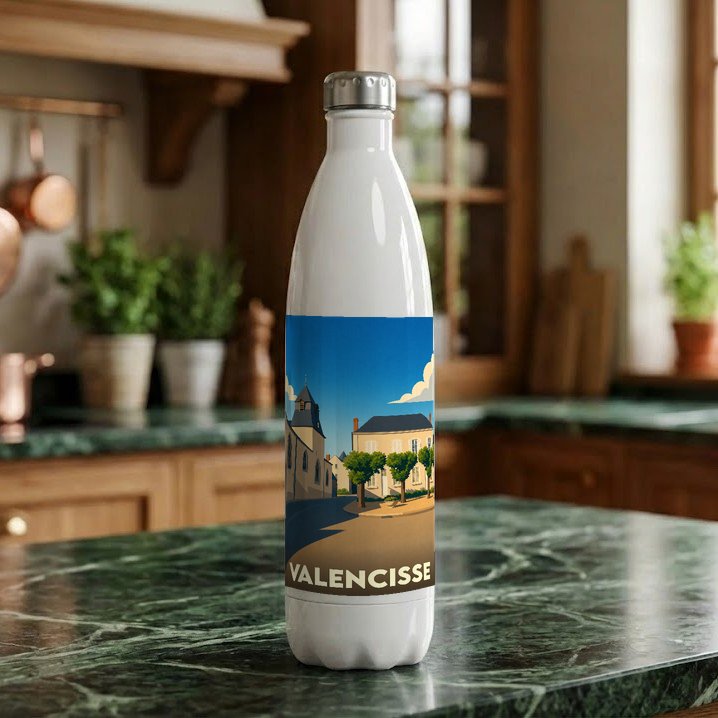 Gourde souvenir de la ville de Valencisse avec une illustration stylisée d'un paysage urbain.