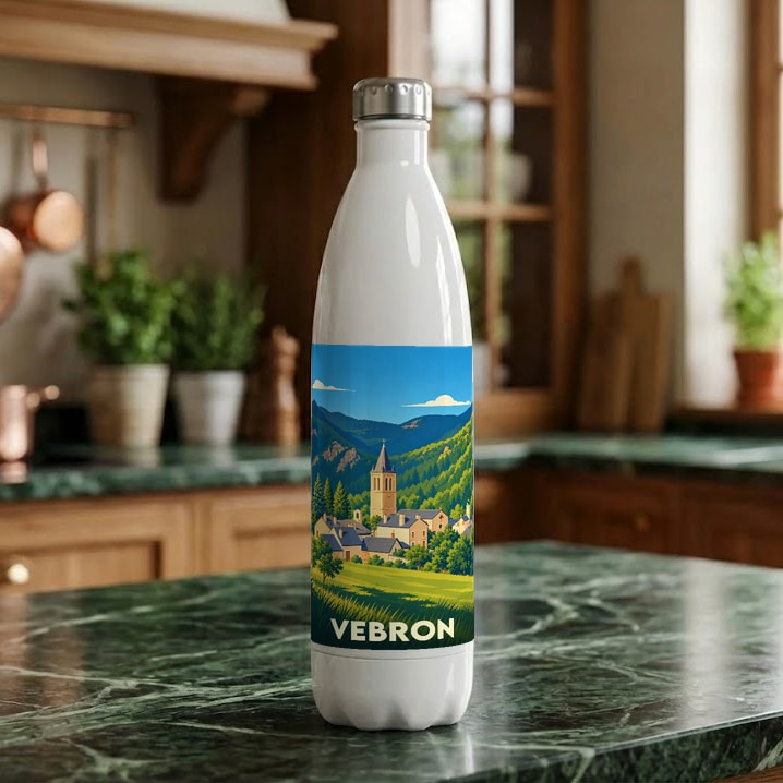 Gourde souvenir de la ville de Vebron avec une illustration stylisée de son paysage montagneux.