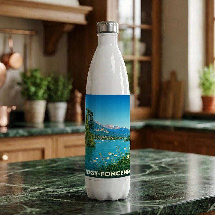 Gourde souvenir de la ville de Veigy-Foncenex avec une illustration stylisée de lac et de montagnes.