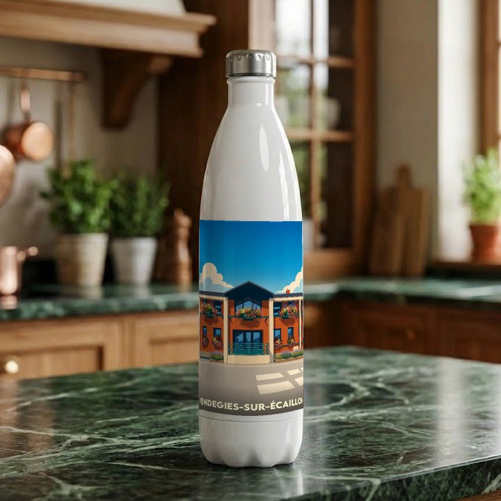 Gourde souvenir de la ville de Vendegies-sur-Écaillon avec une illustration stylisée.