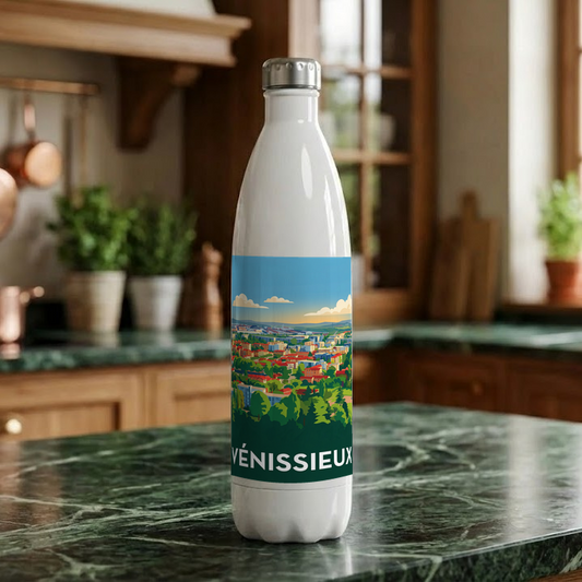 Gourde souvenir de la ville de Vénissieux avec une illustration stylisée.