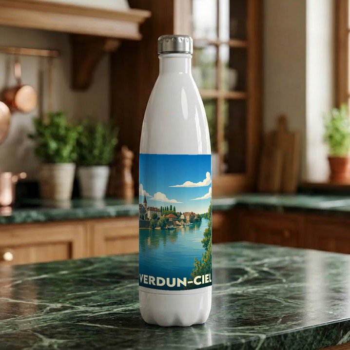Gourde souvenir de la ville de Verdun-Ciel avec une illustration stylisée d'un paysage fluvial.