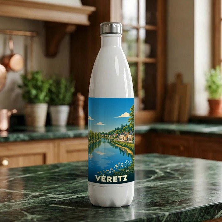 Gourde blanche souvenir de la ville de Véretz avec une illustration stylisée des bords du Cher.