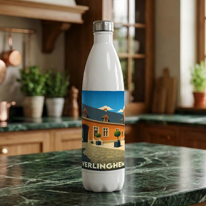 Gourde blanche souvenir de la ville de Verlinghem avec une illustration stylisée de son patrimoine architectural.