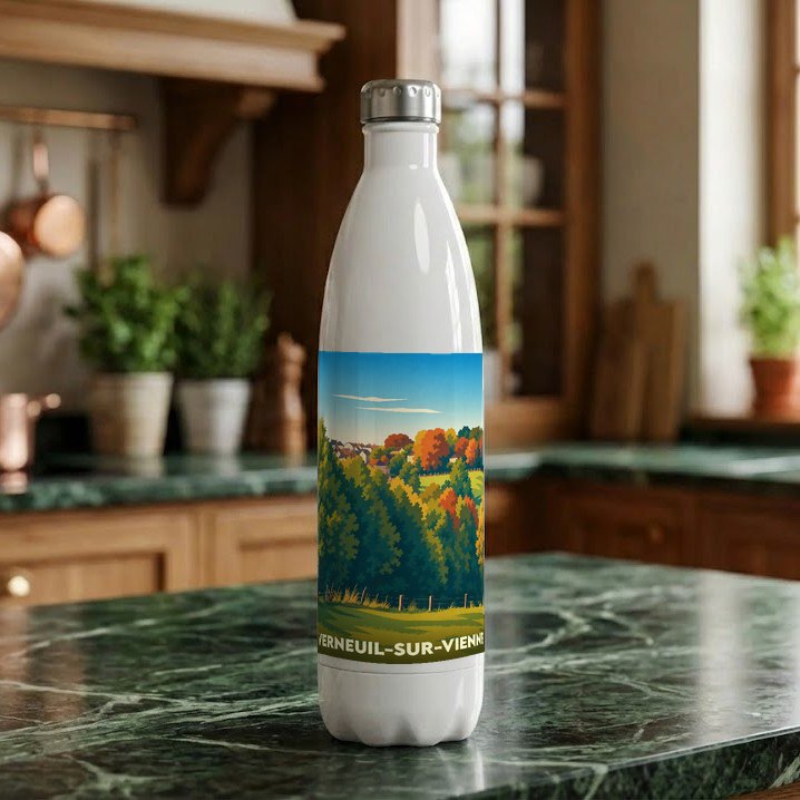 Gourde souvenir de la ville de Verneuil-sur-Vienne avec une illustration paysagère stylisée.