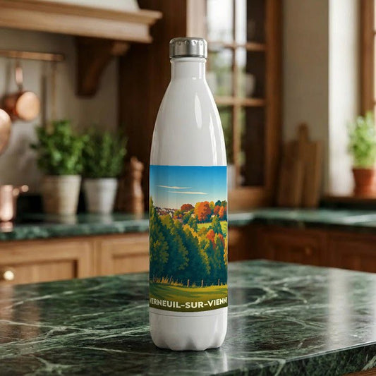 Gourde souvenir de la ville de Verneuil-sur-Vienne avec une illustration paysagère stylisée.