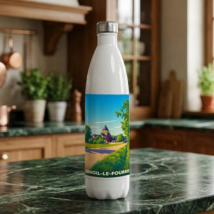 Gourde souvenir de la ville de Vernoil-le-Fourrier avec une illustration stylisée d'un paysage local.