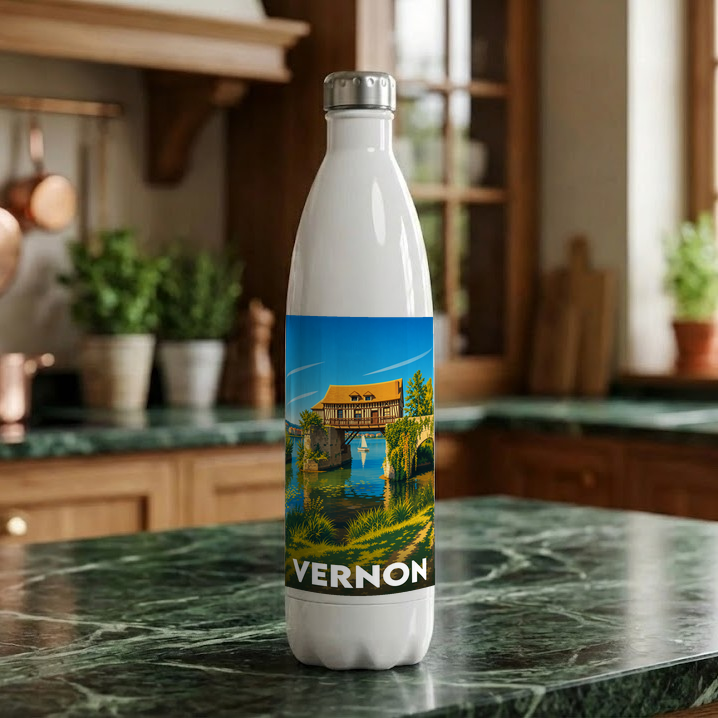 Gourde souvenir de la ville de Vernon avec une illustration stylisée.