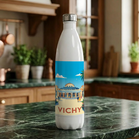 Gourde souvenir de la ville de Vichy avec une illustration stylisée.