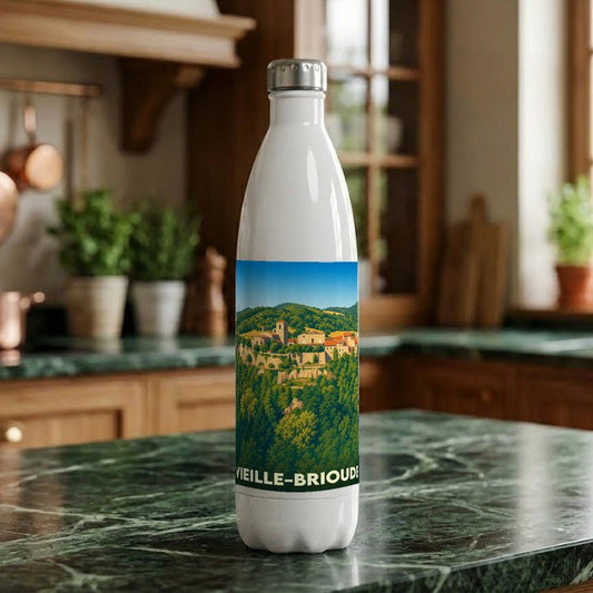 Gourde souvenir de la ville de Vieille-Brioude avec une illustration stylisée de son paysage.