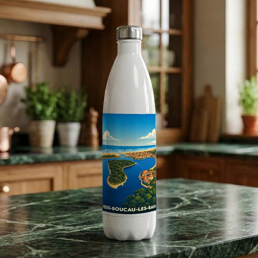 Gourde souvenir de Vieux-Boucau-les-Bains avec une illustration stylisée de son lac marin et de l'océan.