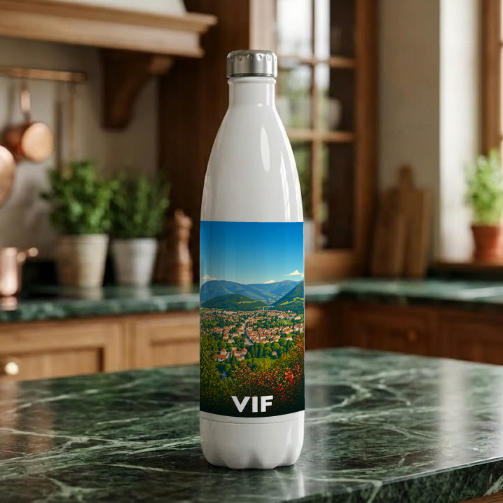 Gourde souvenir de la ville de Vif avec une illustration stylisée d'un paysage de montagne.