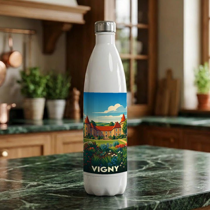 Gourde souvenir de la ville de Vigny ornée d'une illustration stylisée de son château.
