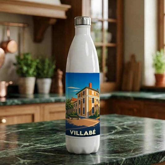 Gourde blanche souvenir de la ville de Villabé avec une illustration stylisée d'un bâtiment remarquable.