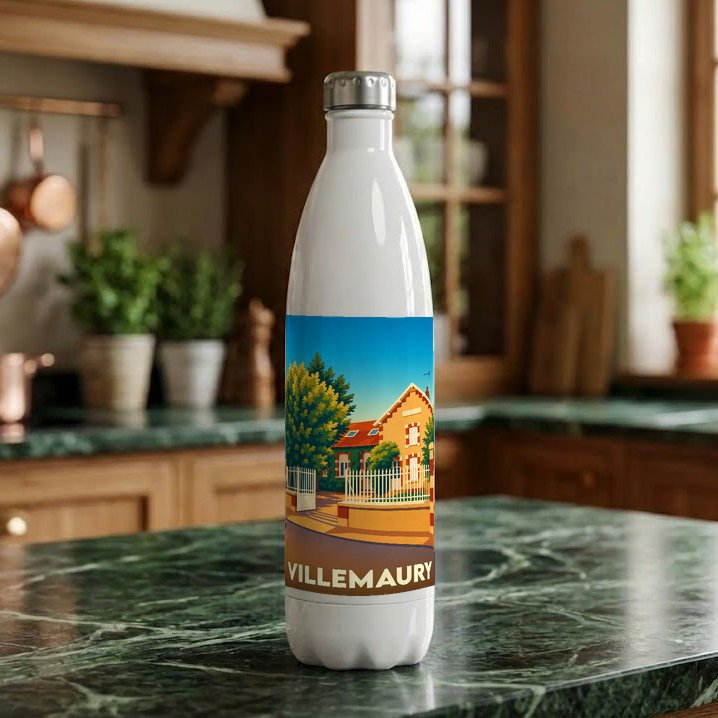 Gourde blanche souvenir de Villemaury avec une illustration stylisée de la ville.