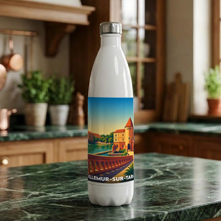 Gourde blanche souvenir de la ville de Villemur-sur-Tarn avec une illustration stylisée.