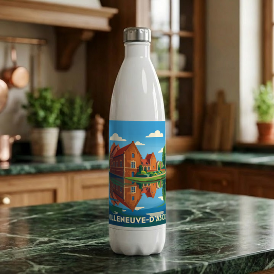 Gourde souvenir de la ville de Villeneuve-d'Ascq avec une illustration stylisée.