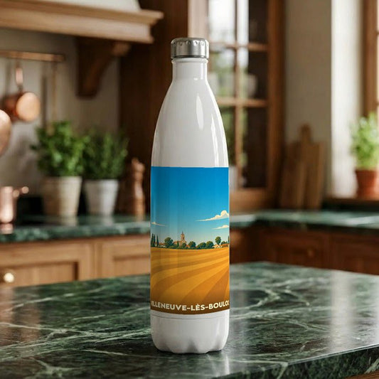 Gourde souvenir de la ville de Villeneuve-lès-Bouloc avec une illustration stylisée de paysages vallonnés.