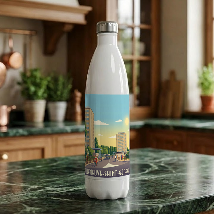 Gourde souvenir de la ville de Villeneuve-Saint-Georges avec une illustration urbaine stylisée.