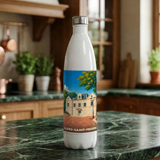 Gourde souvenir de la ville de Villiers-Saint-Frédéric avec une illustration stylisée.