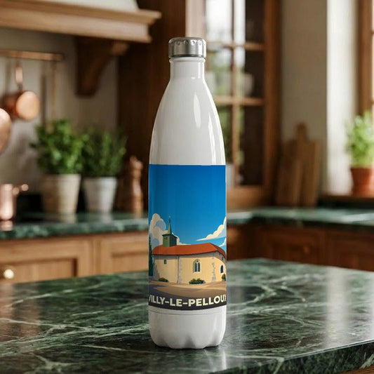 Gourde souvenir de la ville de Villy-le-Pelloux avec une illustration stylisée de son église.