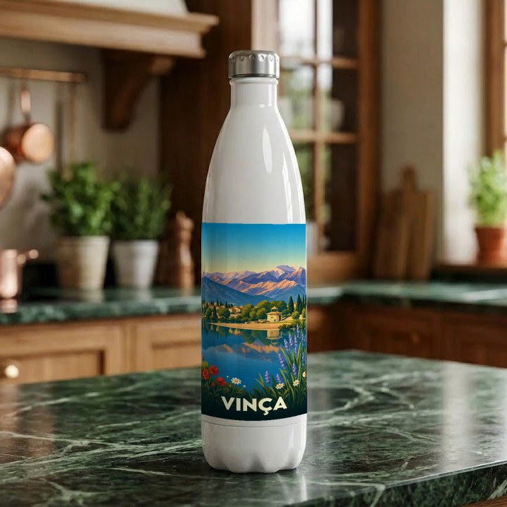 Gourde souvenir de la ville de Vinça ornée d'une illustration stylisée de son lac et des montagnes.