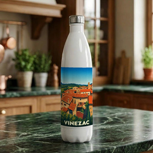 Gourde souvenir de la ville de Vinezac avec une illustration stylisée de ses toits orangés.