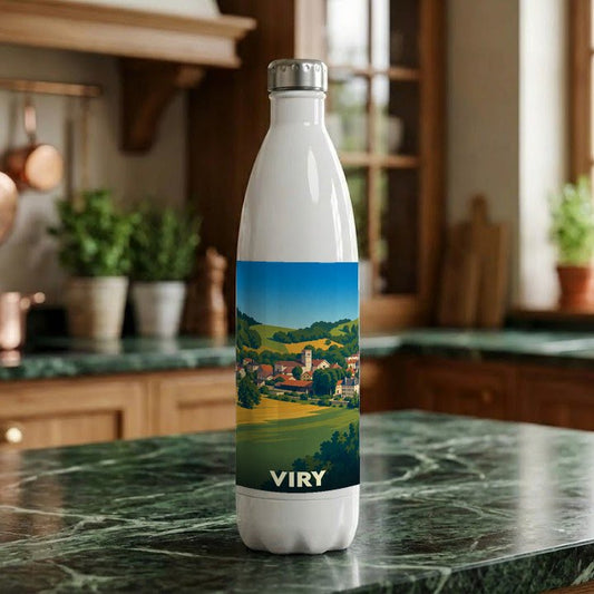 Gourde souvenir de la ville de Viry avec une illustration de paysage stylisée.
