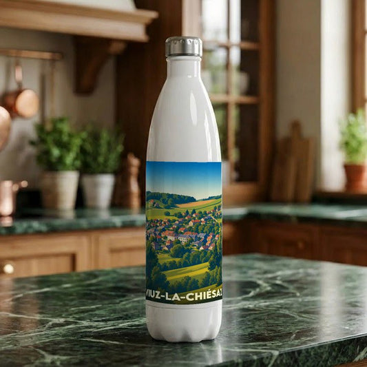 Gourde souvenir de la ville de Viuz-la-Chiésaz avec une illustration paysagère stylisée.