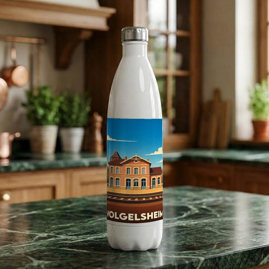 Gourde blanche souvenir de la ville de Volgelsheim avec une illustration stylisée de sa gare.