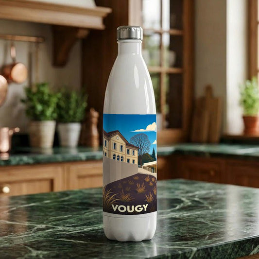 Gourde souvenir de la ville de Vougy avec une illustration stylisée.