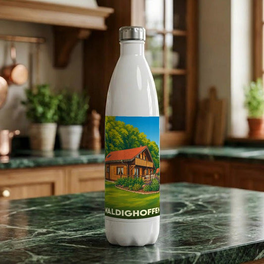 Gourde souvenir de la ville de Waldighoffen avec une illustration stylisée d'un chalet en bois.