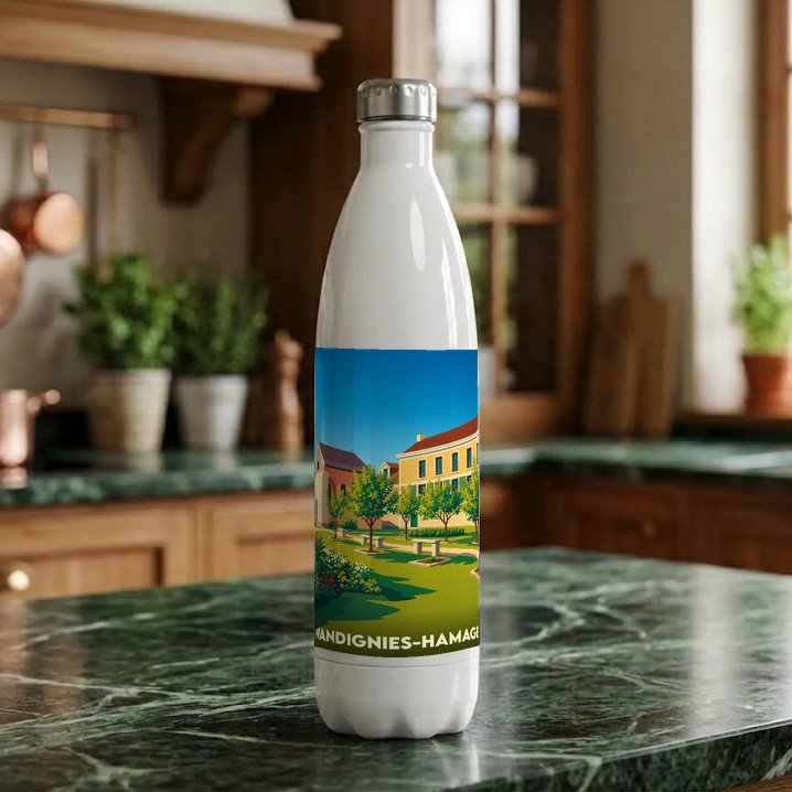 Gourde blanche souvenir de Wandignies-Hamage avec une illustration stylisée de la ville.