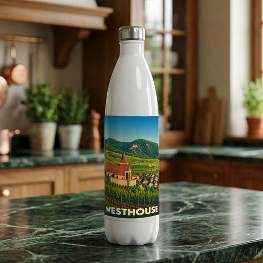 Gourde souvenir de la ville de Westhouse avec une illustration stylisée de paysages alsaciens.