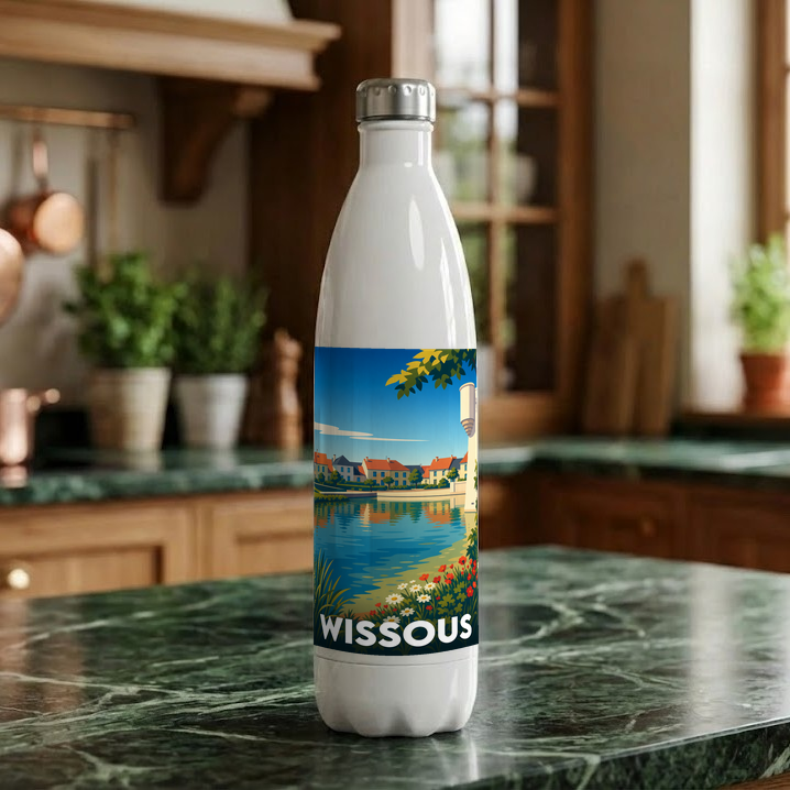 Gourde souvenir de la ville de Wissous avec une illustration stylisée d'un paysage lacustre.