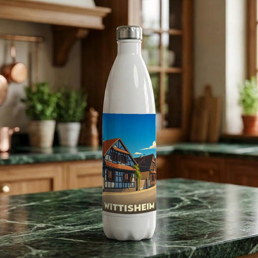 Gourde souvenir de la ville de Wittisheim avec une illustration stylisée de maisons à colombages.