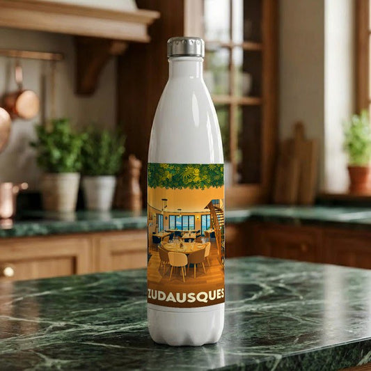 Gourde souvenir de la ville de Zudausques avec une illustration stylisée d'un restaurant chaleureux.