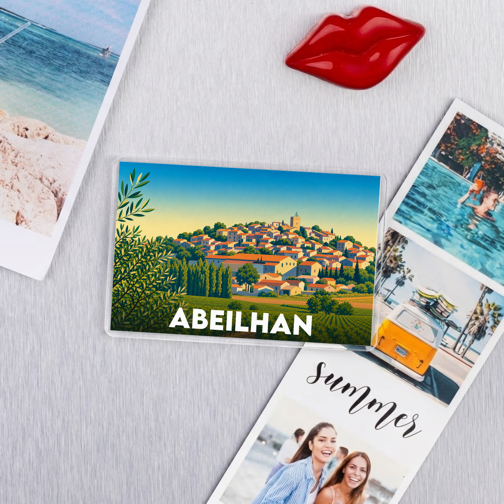 Magnet souvenir de la ville d'Abeilhan avec une illustration stylisée du village.