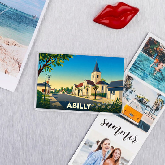 Magnet souvenir de la ville de Abilly avec une illustration stylisée.