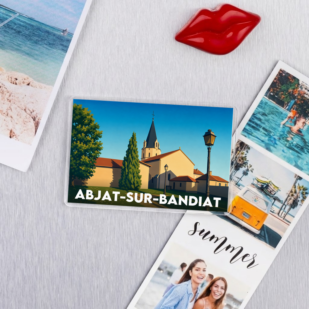 Magnet souvenir de la ville d'Abjat-sur-Bandiat avec une illustration stylisée.